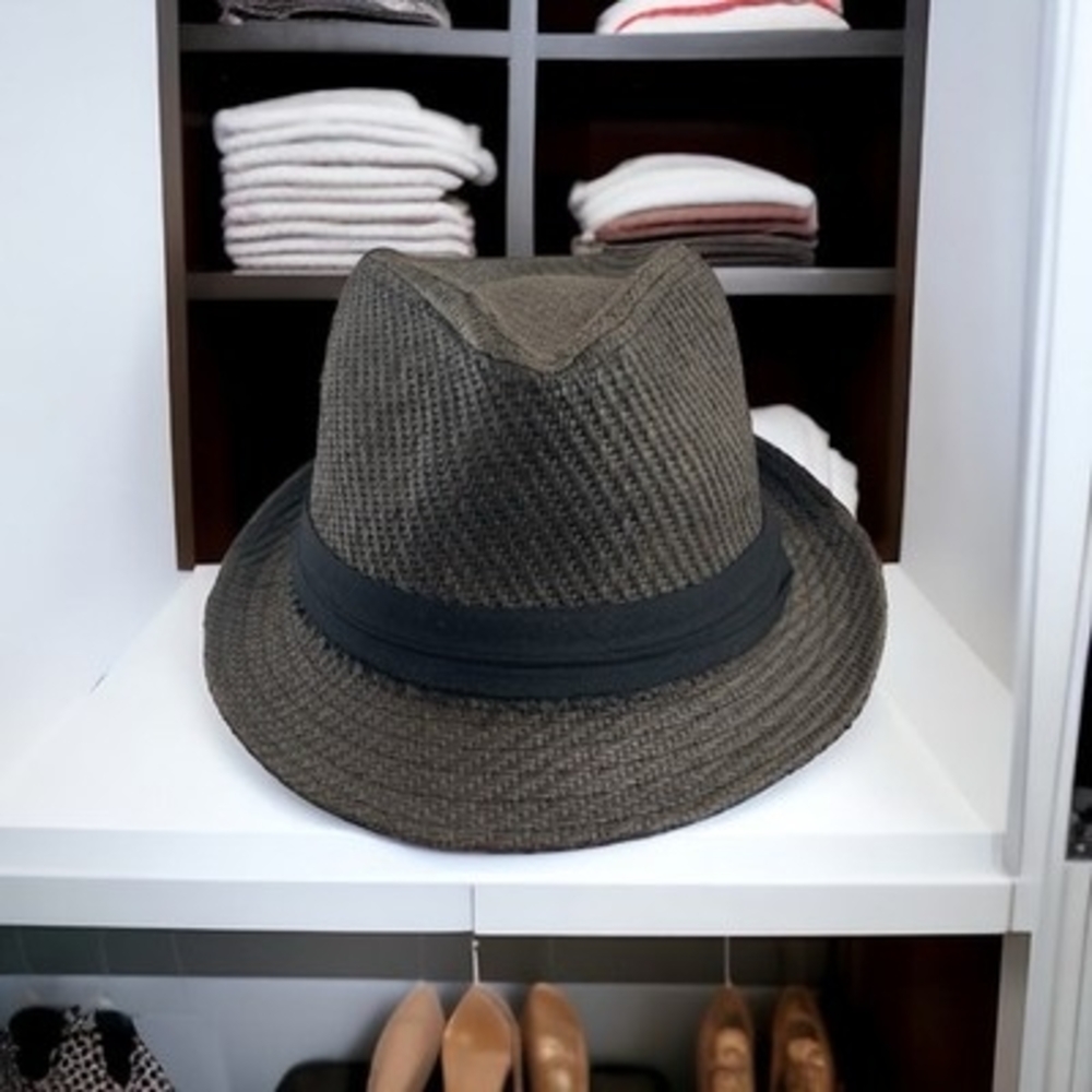 Retro Men's Fedora Hat Grey Black Straw Woven Classic 2XL Summer Sun Hat